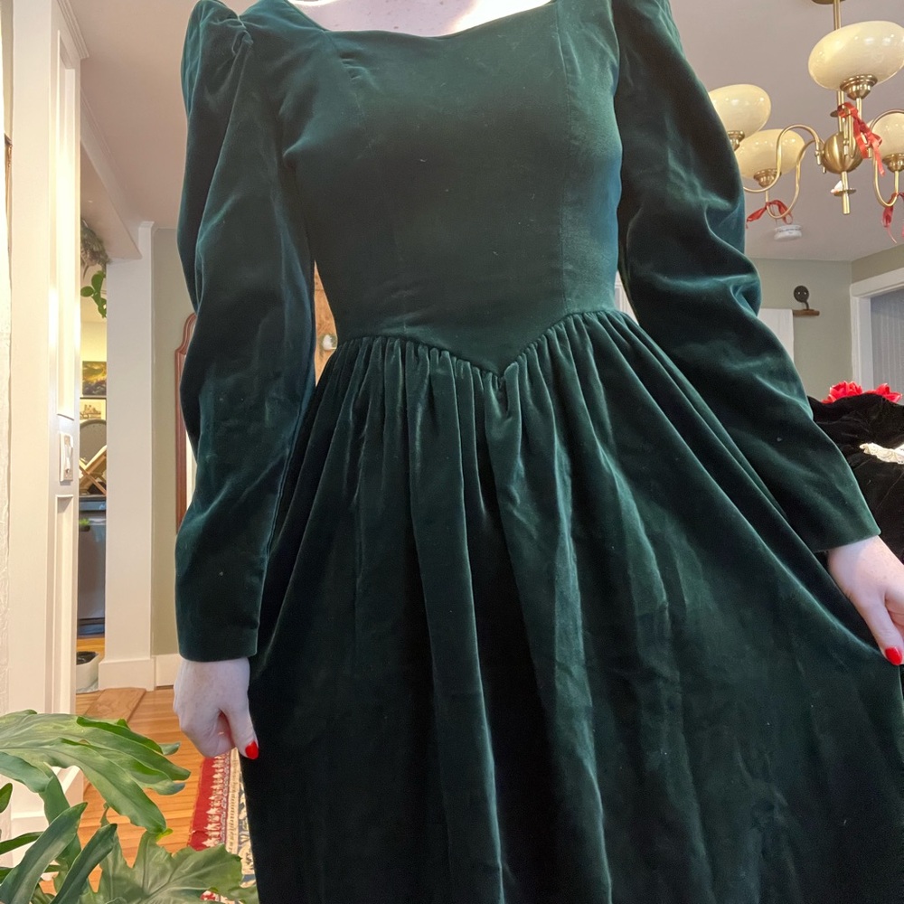 Crushed Dark Green Velvet Laura Ashley Dress